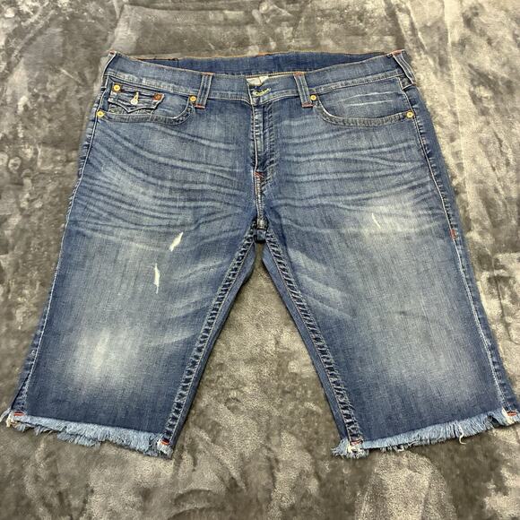 True Religion Shorts Men’s 42 Blue Cutoff Grunge Denim Y2K Jeans - Picture 1 of 9
